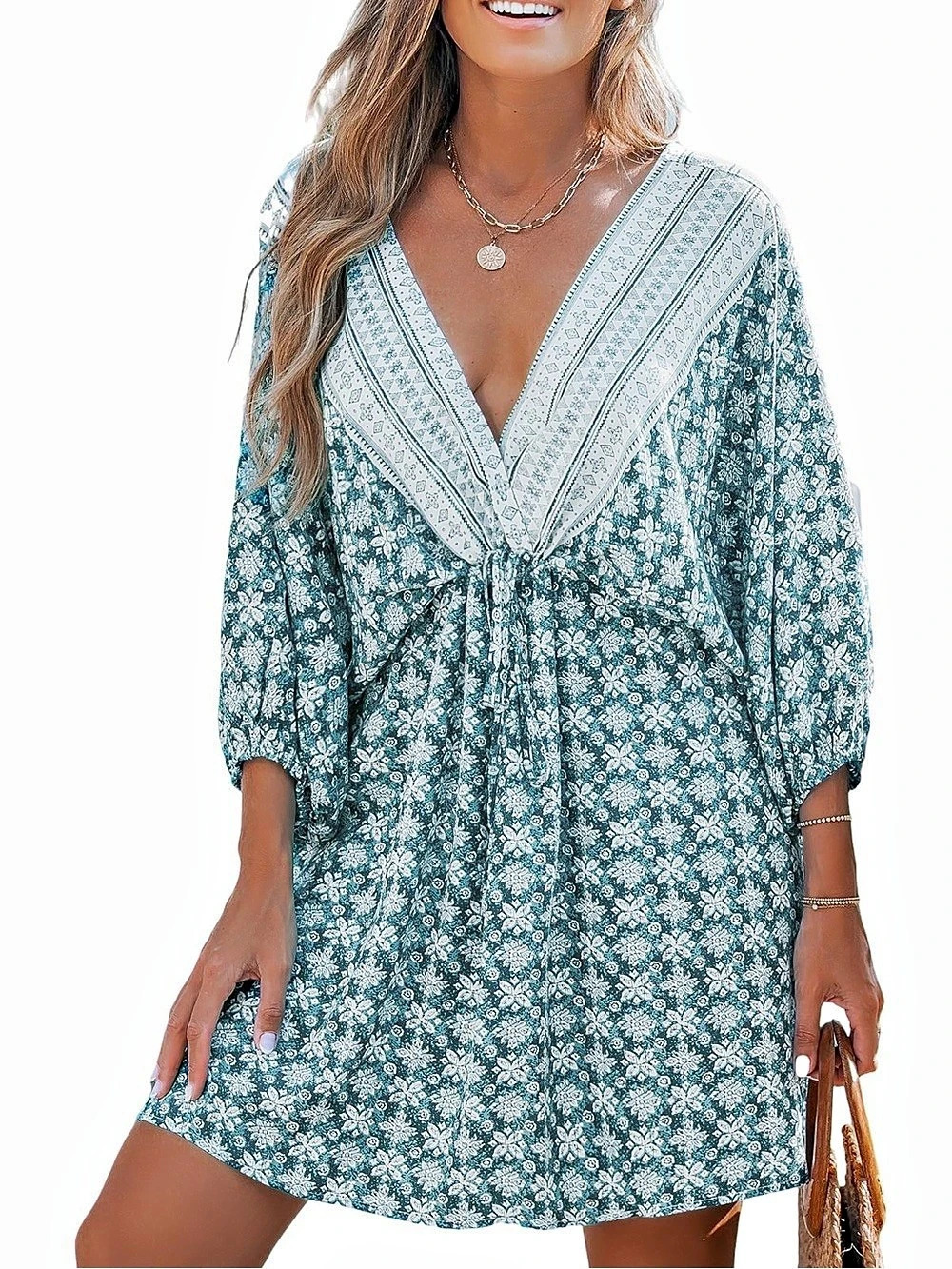 CUPSHE Plunging-V Dolman Sleeve Boho Mini Dress